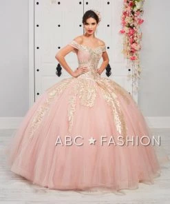 LA Glitter By House Of Wu Gold Applique Off Shoulder Quinceanera Dress By LA Glitter 24053
