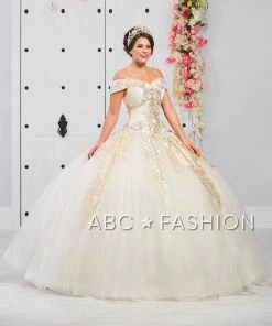 LA Glitter By House Of Wu Gold Applique Off Shoulder Quinceanera Dress By LA Glitter 24053