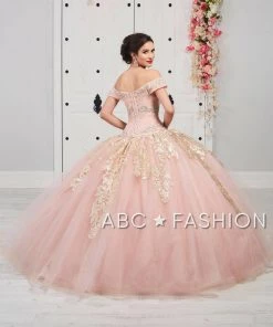 LA Glitter By House Of Wu Gold Applique Off Shoulder Quinceanera Dress By LA Glitter 24053