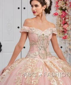 LA Glitter By House Of Wu Gold Applique Off Shoulder Quinceanera Dress By LA Glitter 24053