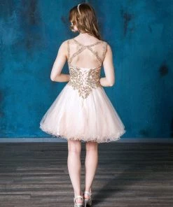 Gold Applique Short Sleeveless Dress By Calla Collection Prom