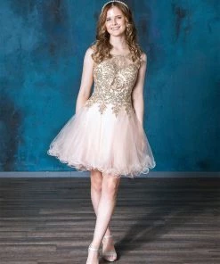 Gold Applique Short Sleeveless Dress By Calla Collection Prom