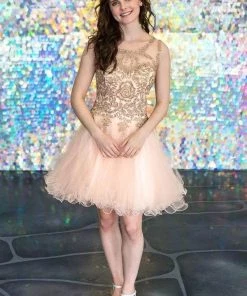 Gold Applique Short Sleeveless Dress By Calla Collection Prom