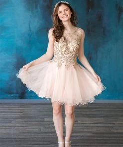 Gold Applique Short Sleeveless Dress By Calla Collection Prom