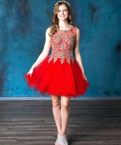 Gold Applique Short Sleeveless Dress By Calla Collection Prom