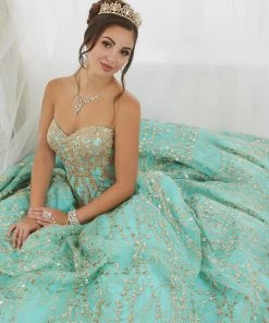 Quinceañera Gold Applique Strapless Quinceanera Dress By House Of Wu 26913