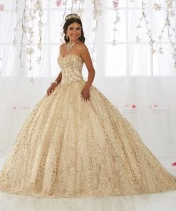 Quinceañera Gold Applique Strapless Quinceanera Dress By House Of Wu 26913