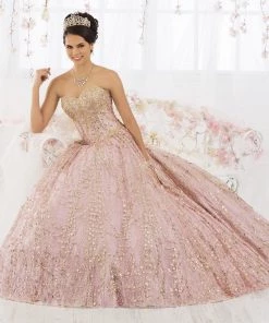 Quinceañera Gold Applique Strapless Quinceanera Dress By House Of Wu 26913