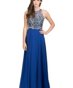 Starbox Gold Beaded Long Illusion Halter Dress By Star Box 17272 Prom