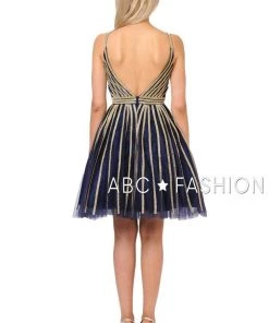 Gold Beaded Short Tulle V-Neck Dress By Poly USA 8330