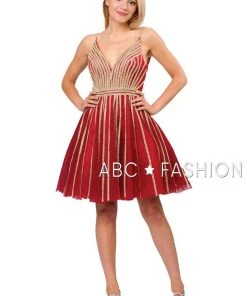 Gold Beaded Short Tulle V-Neck Dress By Poly USA 8330