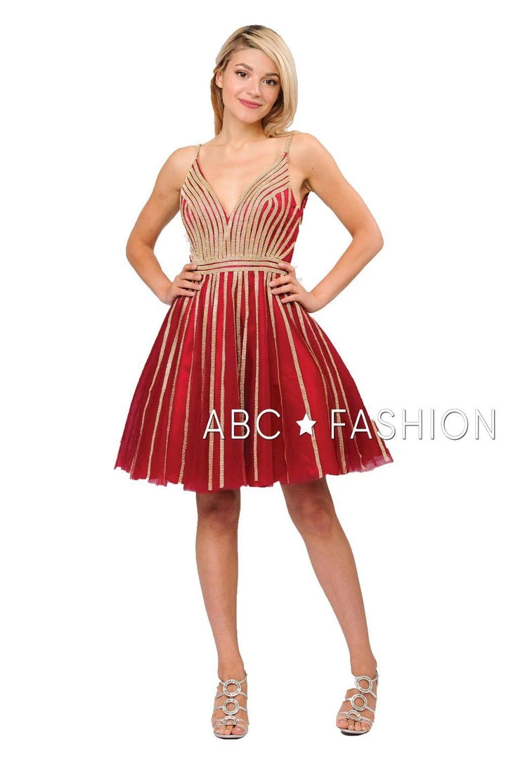 Gold Beaded Short Tulle V-Neck Dress By Poly USA 8330 3 Gold Beaded Short Tulle V-Neck Dress By Poly USA 8330