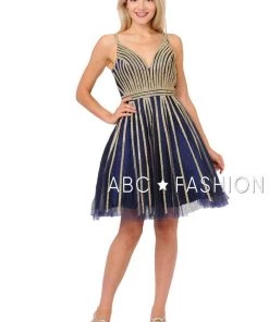 Gold Beaded Short Tulle V-Neck Dress By Poly USA 8330 8 Gold Beaded Short Tulle V-Neck Dress By Poly USA 8330