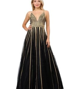 Gold Embellished Long A-line Mesh Dress By Poly USA 8328 Prom