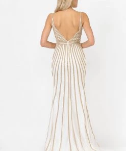 Gold Embellished Long V-Neck Dress By Poly USA 8322 Prom