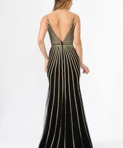 Gold Embellished Long V-Neck Dress By Poly USA 8322 Prom