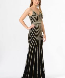 Gold Embellished Long V-Neck Dress By Poly USA 8322 Prom