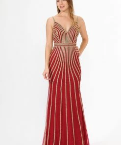 Gold Embellished Long V-Neck Dress By Poly USA 8322 Prom