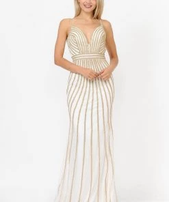 Gold Embellished Long V-Neck Dress By Poly USA 8322 Prom