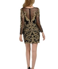 Gold Embroidered Short Black Dress With Sleeves By Poly USA Prom 6 Gold Embroidered Short Black Dress With Sleeves By Poly USA Prom