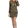 Gold Embroidered Short Black Dress With Sleeves By Poly USA Prom