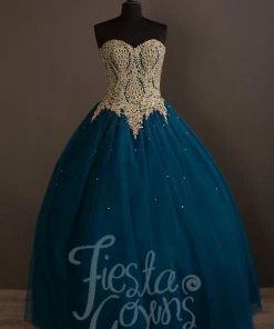 House Of Wu Fiesta Gowns Quinceañera Gold Lace Applique Quinceanera Dress By Fiesta Gowns 56341