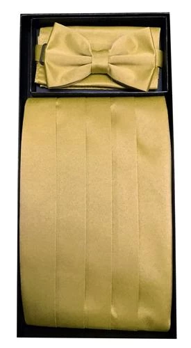 Vesuvio Napoli Men Gold Poly Satin Cummerbund, Bow Tie, And Hanky Set 3 Vesuvio Napoli Men Gold Poly Satin Cummerbund, Bow Tie, And Hanky Set