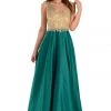 Green Long A Line Gown With Lace Applique Bodice By Poly USA 1 Green Long A Line Gown With Lace Applique Bodice By Poly USA