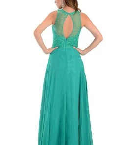 Prom Green Long Chiffon Dress With Lace Applique Top By Poly USA