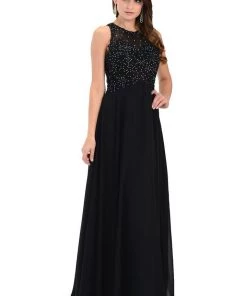 Prom Green Long Chiffon Dress With Lace Applique Top By Poly USA