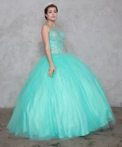 Calla Collection High Neck A-line Ball Gown With Beaded Illusion Bodice