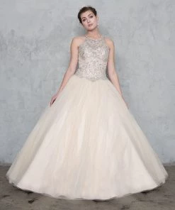 Calla Collection High Neck A-line Ball Gown With Beaded Illusion Bodice