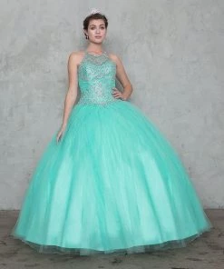 Calla Collection High Neck A-line Ball Gown With Beaded Illusion Bodice