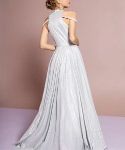 High Neck Cold Shoulder Glitter Crepe Gown By Elizabeth K GL2664 Prom