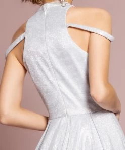 High Neck Cold Shoulder Glitter Crepe Gown By Elizabeth K GL2664 Prom