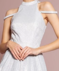 High Neck Cold Shoulder Glitter Crepe Gown By Elizabeth K GL2664 Prom