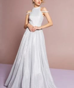 High Neck Cold Shoulder Glitter Crepe Gown By Elizabeth K GL2664 Prom