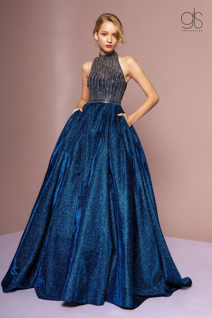 Elizabeth K Prom High Neck Evening Gown With Glitter Skirt By GLS Gloria GL2631 3 Elizabeth K Prom High Neck Evening Gown With Glitter Skirt By GLS Gloria GL2631
