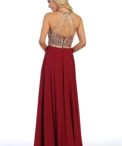 Prom Illusion Applique Long Dress With Strappy Back By Celavie 5021L