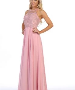 Prom Illusion Applique Long Dress With Strappy Back By Celavie 5021L