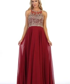 Prom Illusion Applique Long Dress With Strappy Back By Celavie 5021L