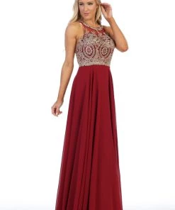 Prom Illusion Applique Long Dress With Strappy Back By Celavie 5021L