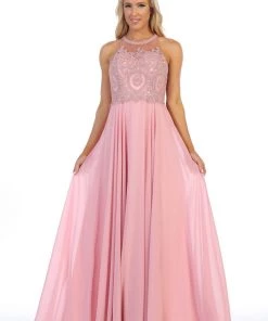 Prom Illusion Applique Long Dress With Strappy Back By Celavie 5021L