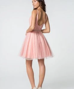 Illusion Deep V-Neck Short Glitter Dress By Elizabeth K GS2865 Prom