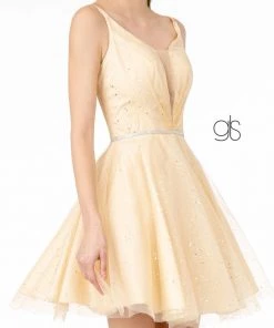 Illusion Deep V-Neck Short Glitter Dress By Elizabeth K GS2865 Prom