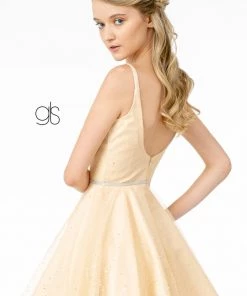 Illusion Deep V-Neck Short Glitter Dress By Elizabeth K GS2865 Prom