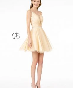 Illusion Deep V-Neck Short Glitter Dress By Elizabeth K GS2865 Prom