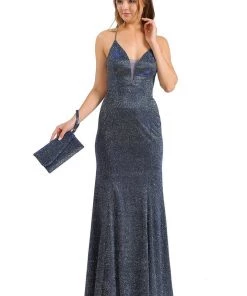 Illusion Inset V-Neck Open Back Long Glitter Dress By Poly USA 8494 13 Illusion Inset V-Neck Open Back Long Glitter Dress By Poly USA 8494