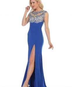 Prom Illusion Long Cap Sleeve Dress With Front Slit By Celavie 5003 11 Prom Illusion Long Cap Sleeve Dress With Front Slit By Celavie 5003