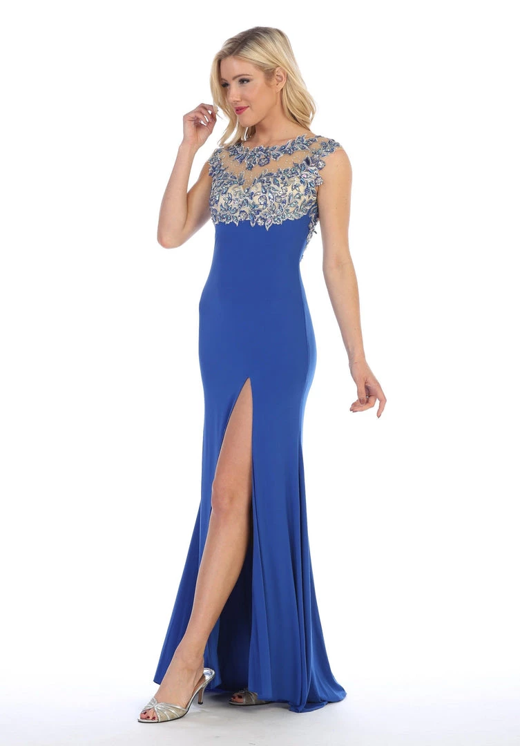 Prom Illusion Long Cap Sleeve Dress With Front Slit By Celavie 5003 6 Prom Illusion Long Cap Sleeve Dress With Front Slit By Celavie 5003